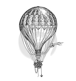 Aerostat sketch. Retro hot air balloon hand drawn drawing in vintage engraving style. Vector illustration