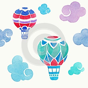 Aerostats in the sky. vector watercolor seamless pattern