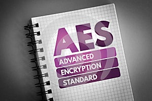 AES - Advanced Encryption Standard acronym on notepad, technology concept background photo