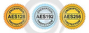 AES128, AES192 and 256 Encryption Protection Badge and Icon, Advanced Encryption Standard