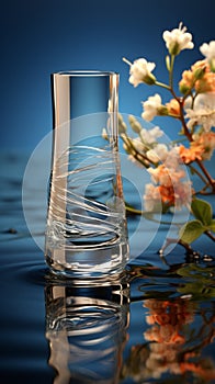 Aesthetic 3D rendering features a cosmetic bottle harmonizing with water\'s serenity