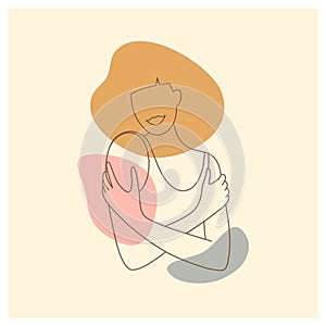 Aesthetic abstract poster in trendy linear style of woman hugging herself, self love and care concept