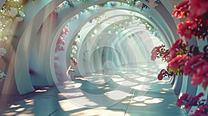Aesthetic arched tunnel with red flowers and shadows in garden on sunny day. Romantic elegant background. Generative AI