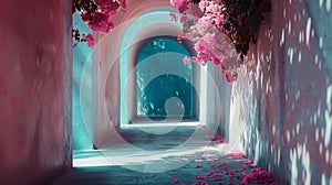 Aesthetic arched tunnel with red flowers and shadows in garden on sunny day. Romantic elegant background. Generative AI