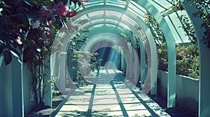 Aesthetic arched tunnel with red flowers and shadows in garden on sunny day. Romantic elegant background. Generative AI