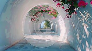 Aesthetic arched tunnel with red flowers and shadows in garden on sunny day. Romantic elegant background. Generative AI