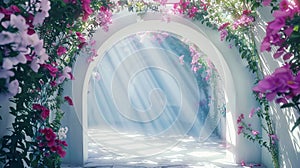 Aesthetic arched tunnel with red flowers and shadows in garden on sunny day. Romantic elegant background. Generative AI