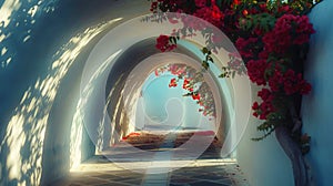 Aesthetic arched tunnel with red flowers and shadows in garden on sunny day. Romantic elegant background. Generative AI