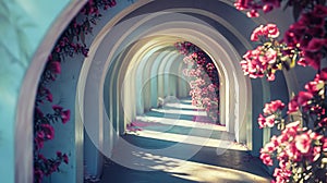 Aesthetic arched tunnel with red flowers and shadows in garden on sunny day. Romantic elegant background. Generative AI