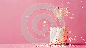 Aesthetic birthday cake with sparklers on pastel pink background. Copy space. Party invitation template. Generative AI