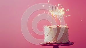 Aesthetic birthday cake with sparklers on pastel pink background. Copy space. Party invitation template. Generative AI