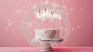 Aesthetic birthday cake with sparklers on pastel pink background. Copy space. Party invitation template. Generative AI