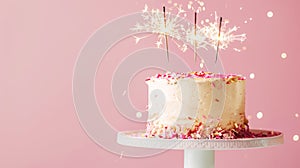 Aesthetic birthday cake with sparklers on pastel pink background. Copy space. Party invitation template. Generative AI