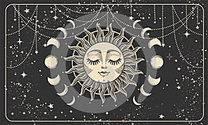 Aesthetic boho banner with sun face, moon phases and stars pattern. Magic print for astrology and tarot, bohemian design