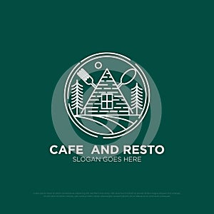 aesthetic cafe and restaurant logo design,nature outdoor food and beverages vector illustration with line art
