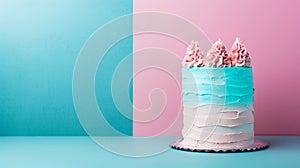 Aesthetic cake for baby shower party on split pink and blue background. Gender reveal invitation template. Generative AI