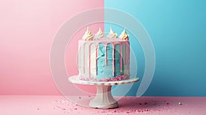 Aesthetic cake for baby shower party on split pink and blue background. Gender reveal invitation template. Generative AI