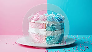 Aesthetic cake for baby shower party on split pink and blue background. Gender reveal invitation template. Generative AI