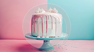 Aesthetic cake for baby shower party on split pink and blue background. Gender reveal invitation template. Generative AI