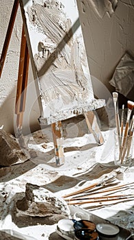 Aesthetic chaos. Easel, rough strokes of paint, opened paint tubes, brushes, white pastel colour palette. Generative AI
