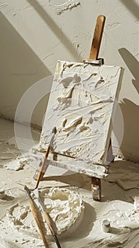 Aesthetic chaos. Easel, rough strokes of paint, opened paint tubes, brushes, white pastel colour palette. Generative AI