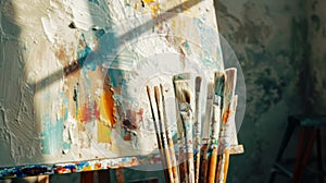 Aesthetic chaos. Easel, rough strokes of paint, opened paint tubes, brushes, white pastel colour palette. Generative AI