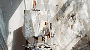 Aesthetic chaos. Easel, rough strokes of paint, opened paint tubes, brushes, white pastel colour palette. Generative AI