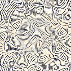 Aesthetic circle line seamless pattern. Moire thin hand drawn ink strokes in flowing dynamic print for fabric design.