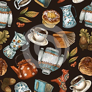 Aesthetic Coffee Break Seamless Pattern, Scandinavian Fika Tea Time, Vintage Illustration