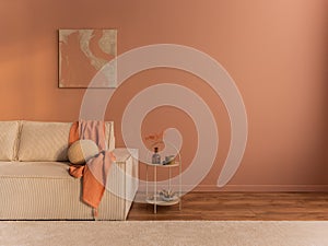 Aesthetic composition of living room interior with mock up poster frame, copy space, modular sofa, beige carpet, salmon pink plaid