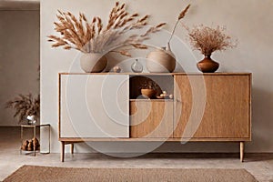 Aesthetic composition of living room interior with wooden sideboard, glass vase with dried flowers, and personal accessories