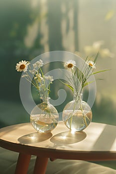 Aesthetic composition of wildflowers in a vase, highlighted by warm sunlight. photo