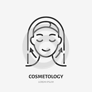 Aesthetic cosmetology line icon, vector pictogram of facelift, anti age massage. Hapy woman illustration, sign for photo