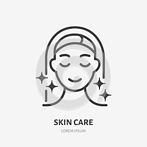 Aesthetic cosmetology line icon, vector pictogram of shiny skin, anti age skin care. Hapy woman illustration, sign for
