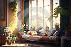 Aesthetic cozy interior of living room of house with large window