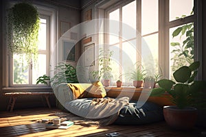 Aesthetic cozy interior of living room of house with large window and bright sunlight