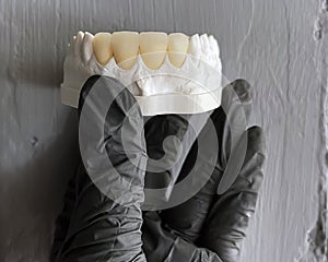 Aesthetic dentistry concept and veneers design. A dental technician holds in his hand a diagnostic model with veneers