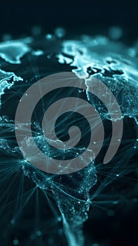 Aesthetic Digital Globe Illustration with Glowing Blue Network Nodes and Data Visualization