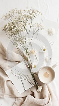 Aesthetic flat lay for social media. Pastel light colours. Flowers and coffee theme collage. Cozy morning. Generative AI