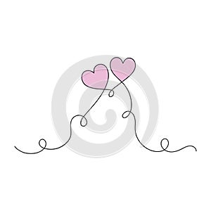 Aesthetic hearts continuous one line art drawing, valentines day concept, heart love couple outline artistic isolated