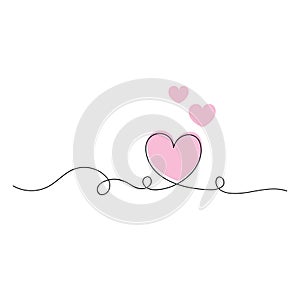 Aesthetic hearts continuous one line art drawing, valentines day concept, heart love couple outline artistic isolated