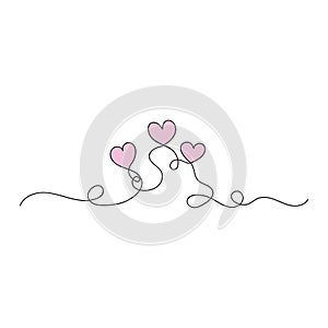 Aesthetic hearts continuous one line art drawing, valentines day concept, heart love couple outline artistic isolated