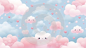 Aesthetic kawaii pattern with cute hearts and clouds for backgrounds and designs