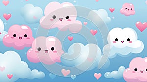 Aesthetic kawaii pattern with cute hearts and clouds for backgrounds and designs