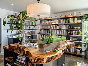 Aesthetic kitchen with a large, natural wood island, featuring a collection of cookbooks and a potted herb garden. Selective focus