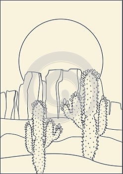 Aesthetic minimalist desert landscape with cactus and mountains. Boho wall decor, sunset in Australian bush