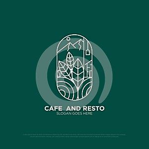 aesthetic nature restaurant logo design,nature outdoor food and beverages vector illustration with line art