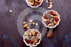 Aesthetic saucers with mixed nuts close up. Walnuts, almonds, hazelnuts, cashew, raisins and cranberries. Healthy food