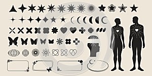 Aesthetic shapes. Y2k elements. Black silhouette icons. Abstract sparkle star. Retro frame. Trendy line arch. Couple