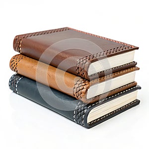 Aesthetic small stack of leather-bound journals isolated on white background